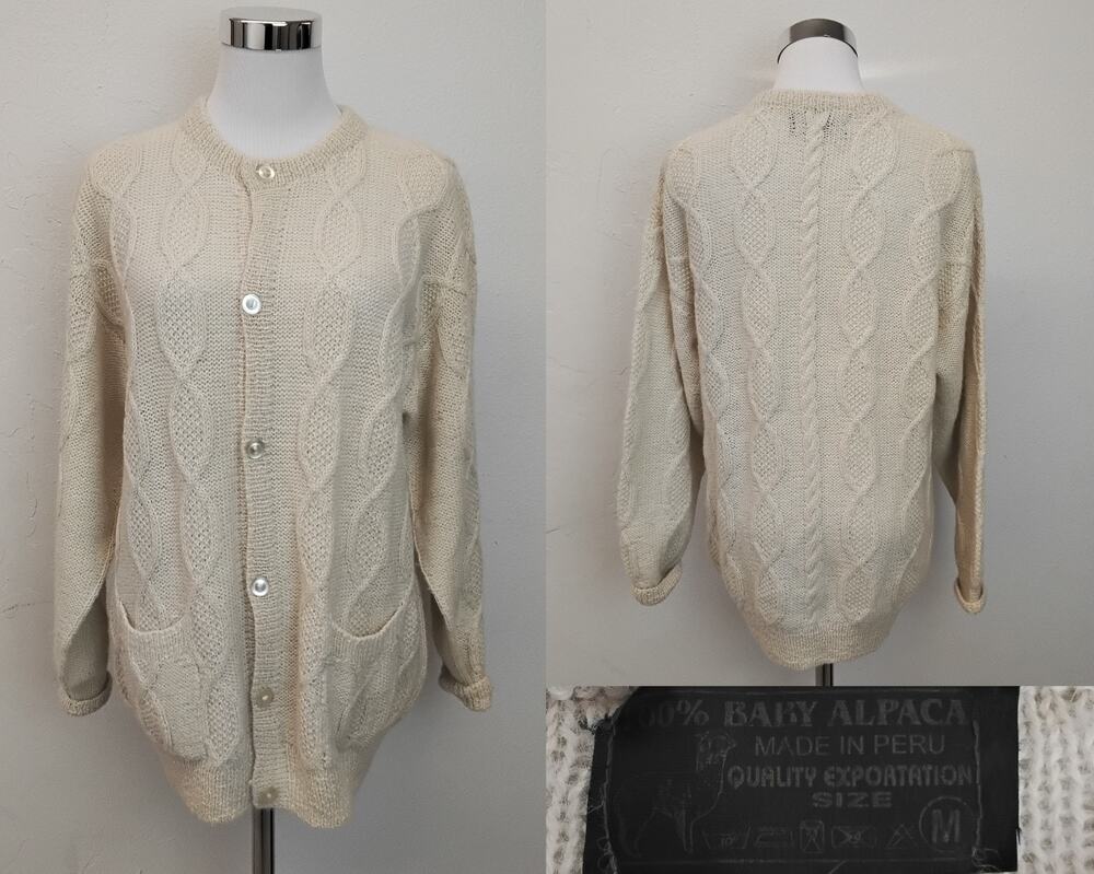 Handmade Alpaca Cardigan Women's M Cream Rib Knit Buttons Pockets #Z4544